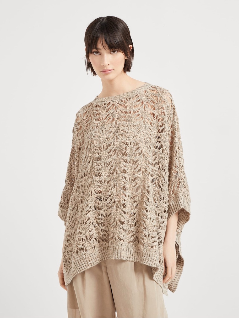 Brunello Cucinelli Beige Open-Knit Poncho